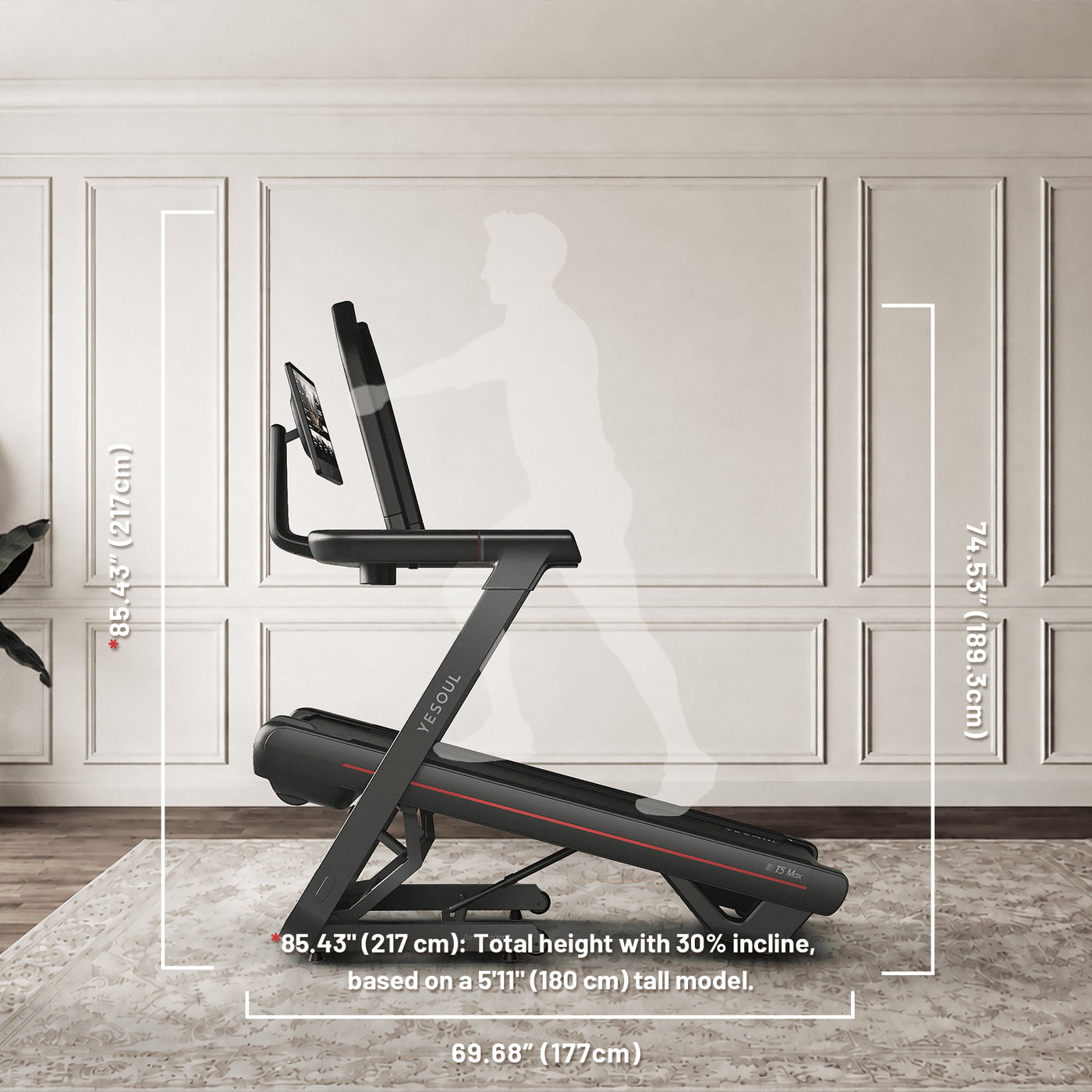 YESOUL T5 treadmill inclined in a garage