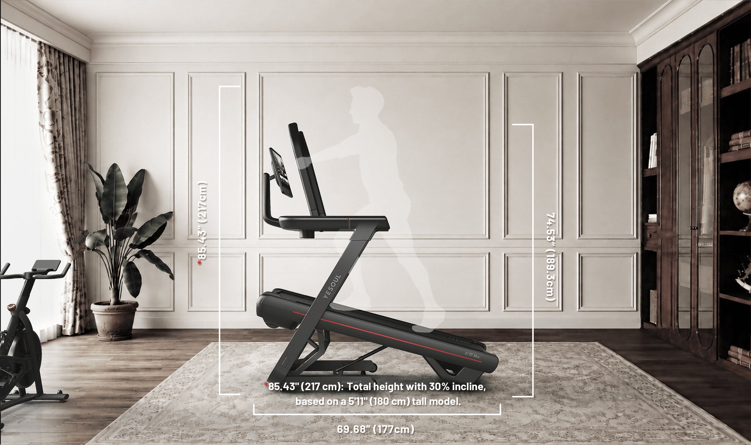 YESOUL T5 treadmill inclined in a garage