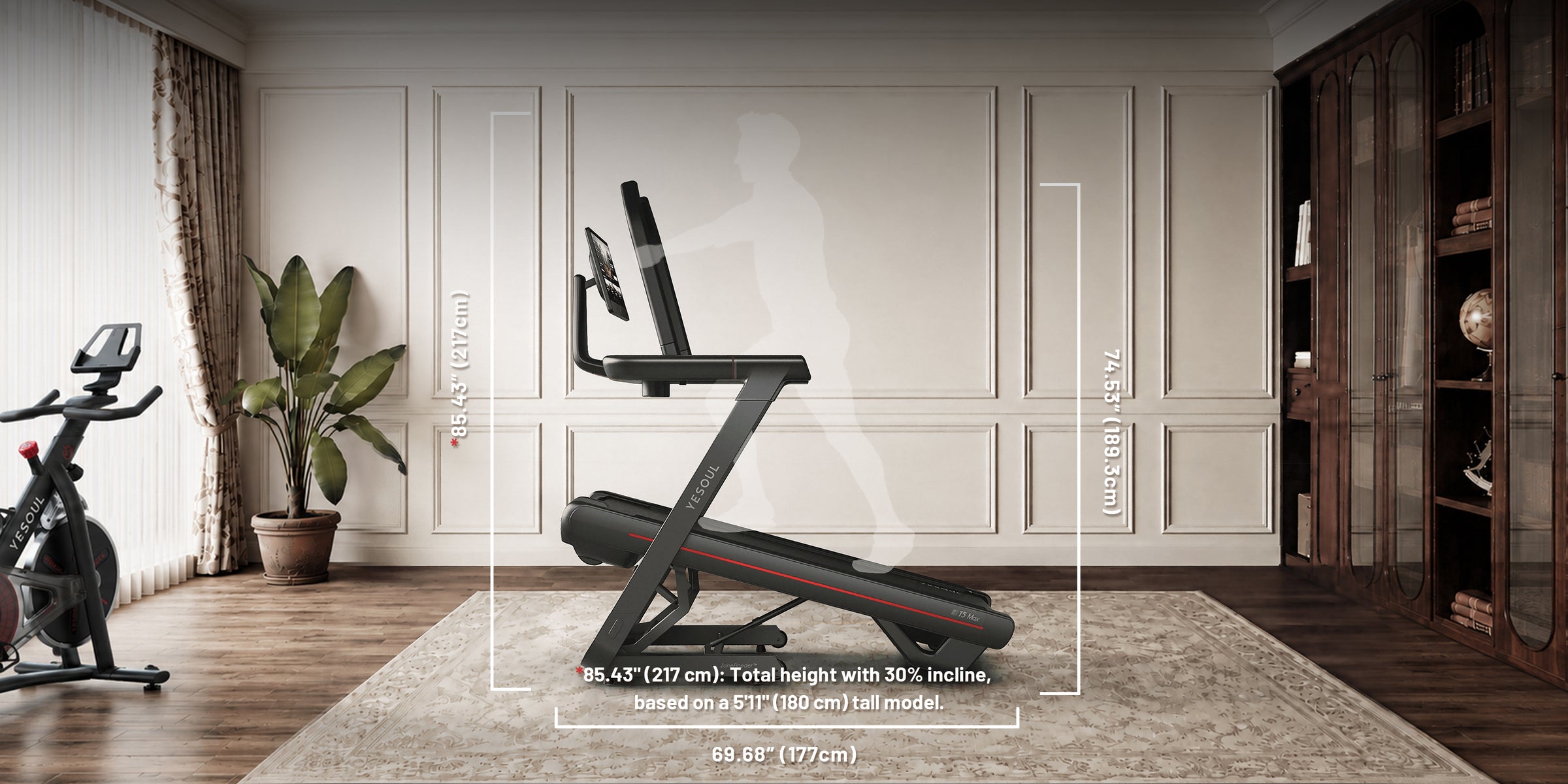 YESOUL T5 treadmill inclined in a garage