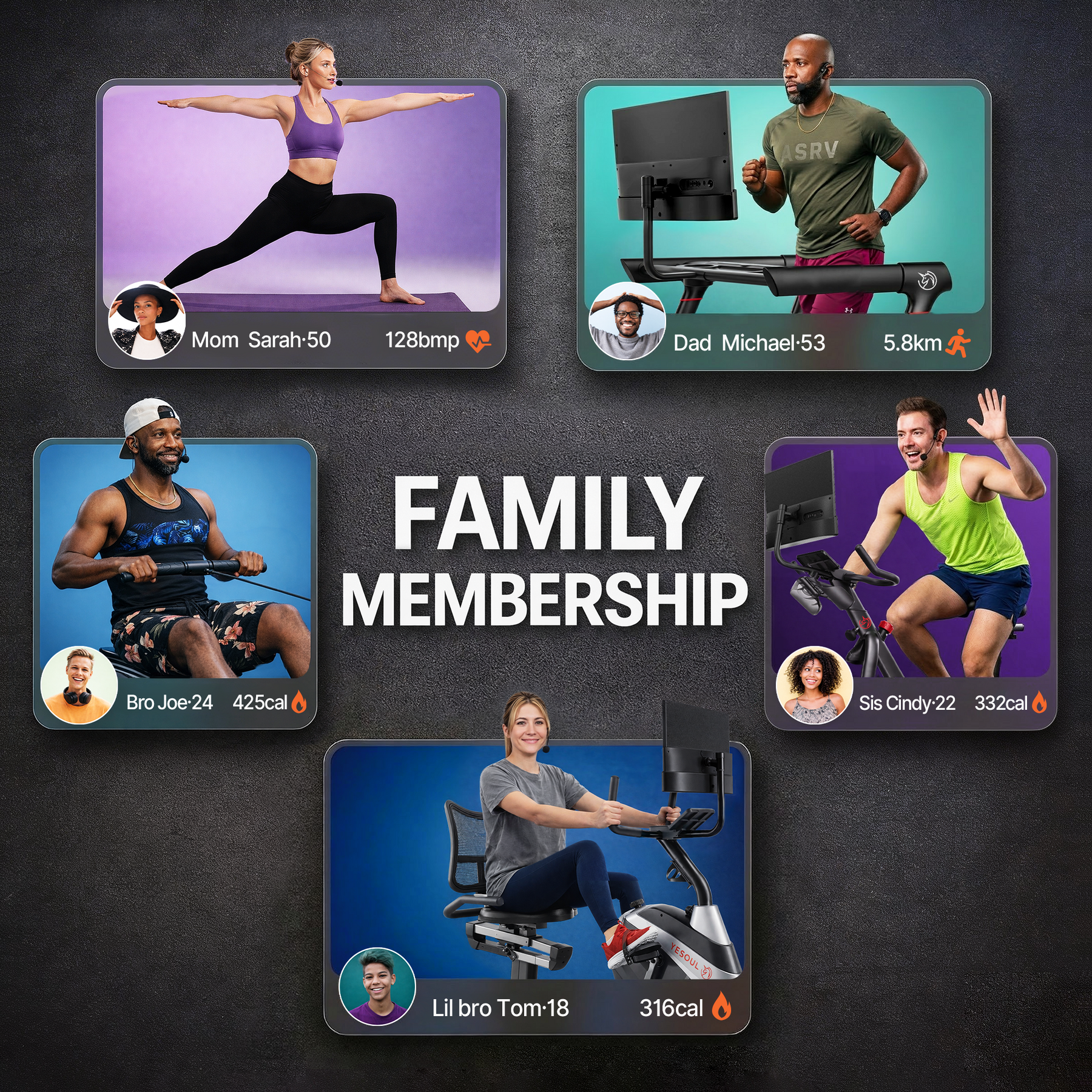 A shared YESOUL home cardio setup with personal member profiles