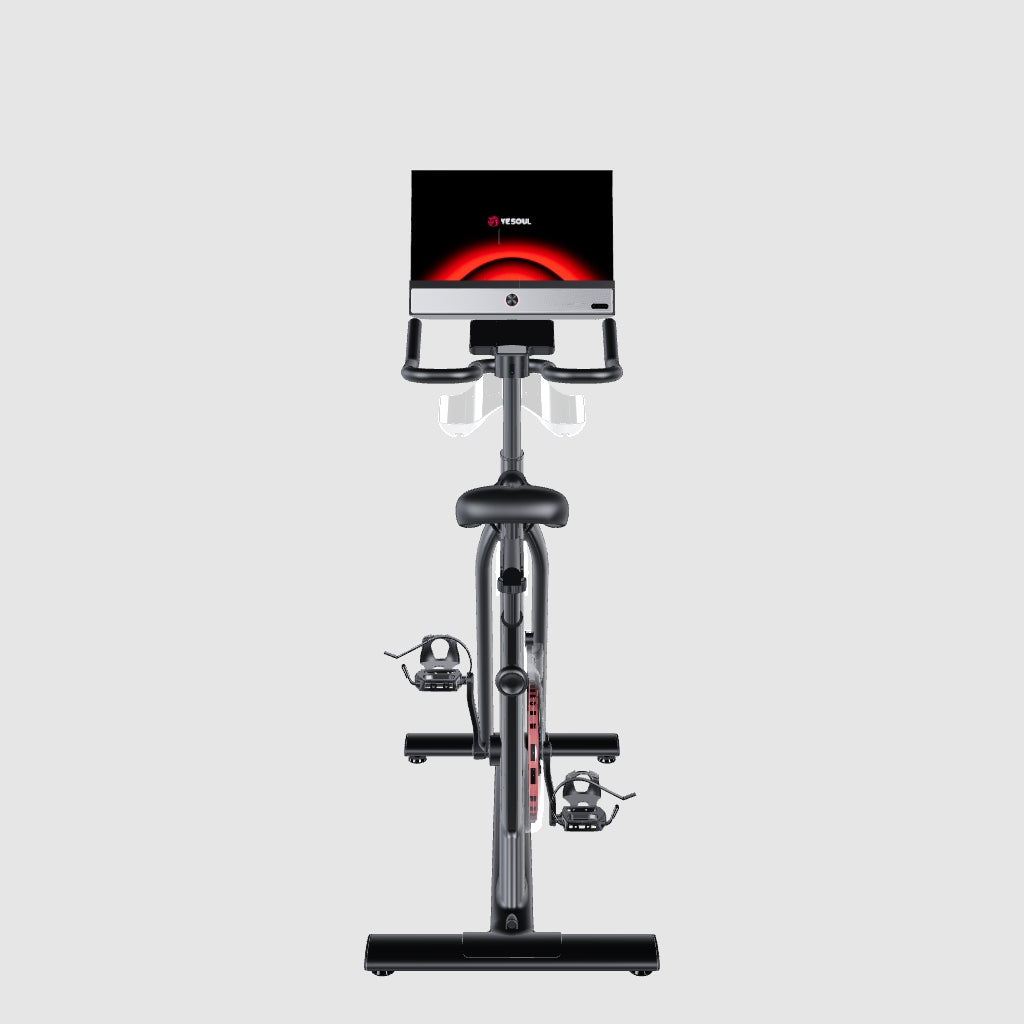 Interactive 360-degree view of the black YESOUL G1M Plus exercise bike with a red flywheel and a 21.5-inch rotating HD screen, showing the bike from multiple angles.