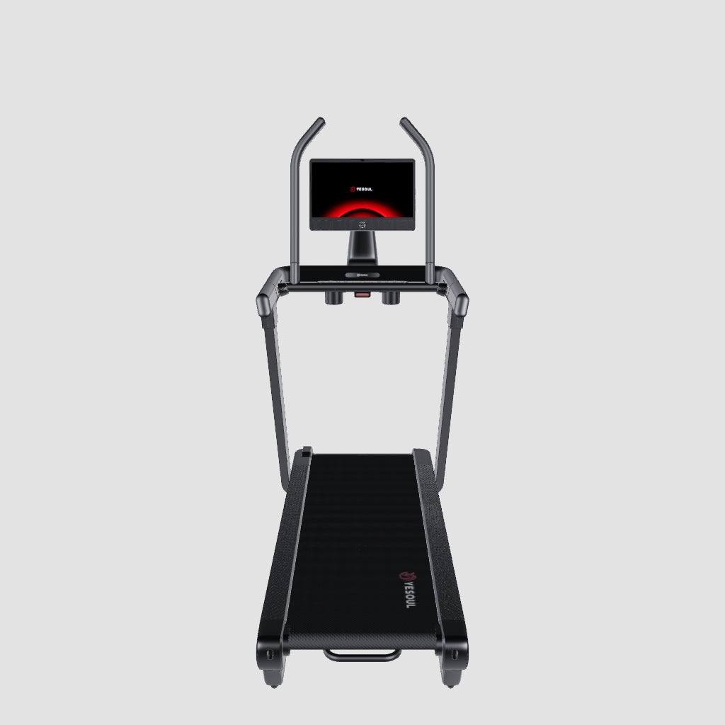 YESOUL T5 Max treadmill full view featuring a black treadmill design with red accents, large display screen, wide running belt, and modern home fitness equipment design.