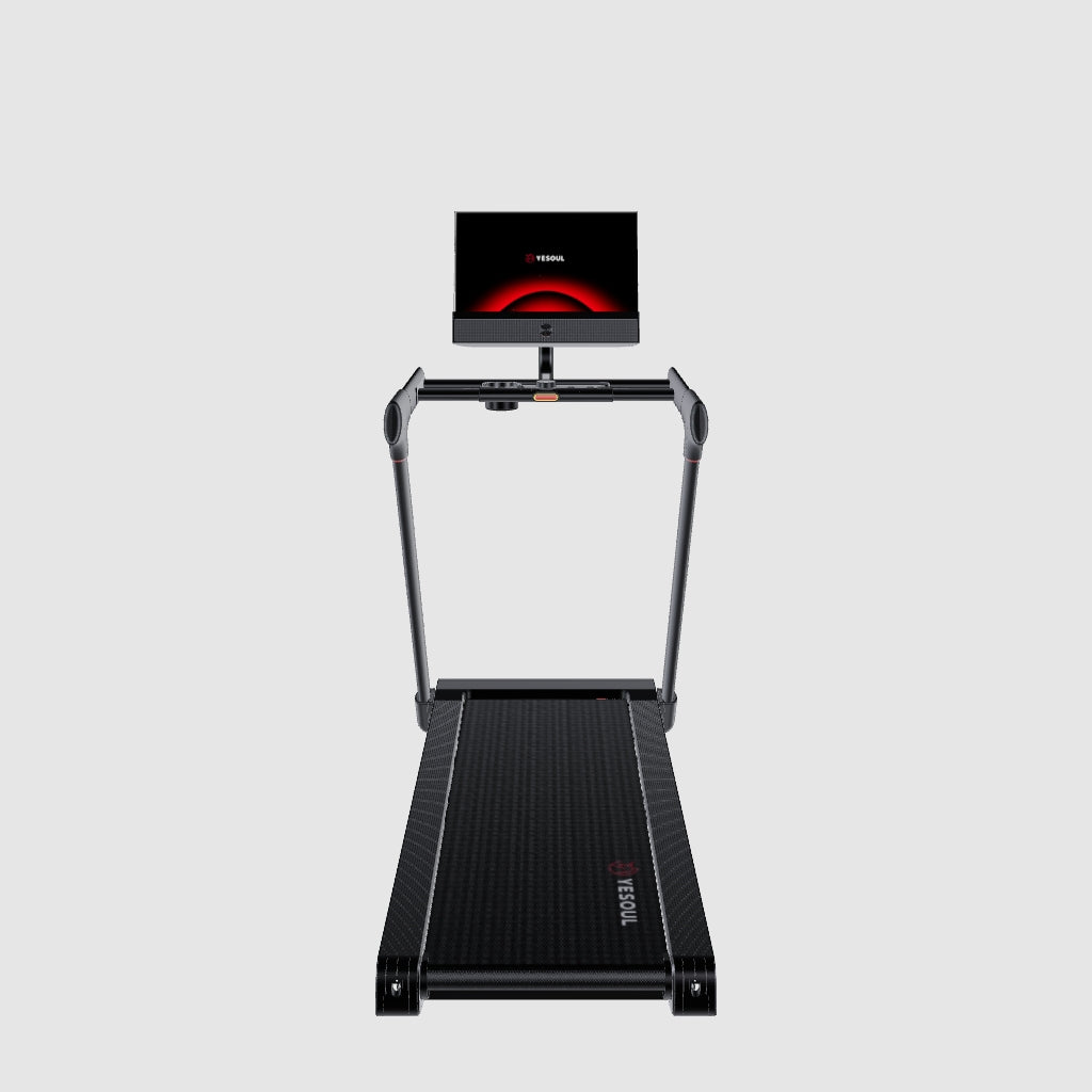 Full view of the black YESOUL T3S Plus treadmill showing the running deck, frame structure, and built-in screen.