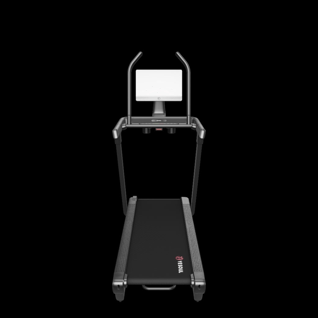 YESOUL T5 Plus treadmill full view featuring a black treadmill design with red accents, large display screen, wide running belt, and modern home fitness equipment design.