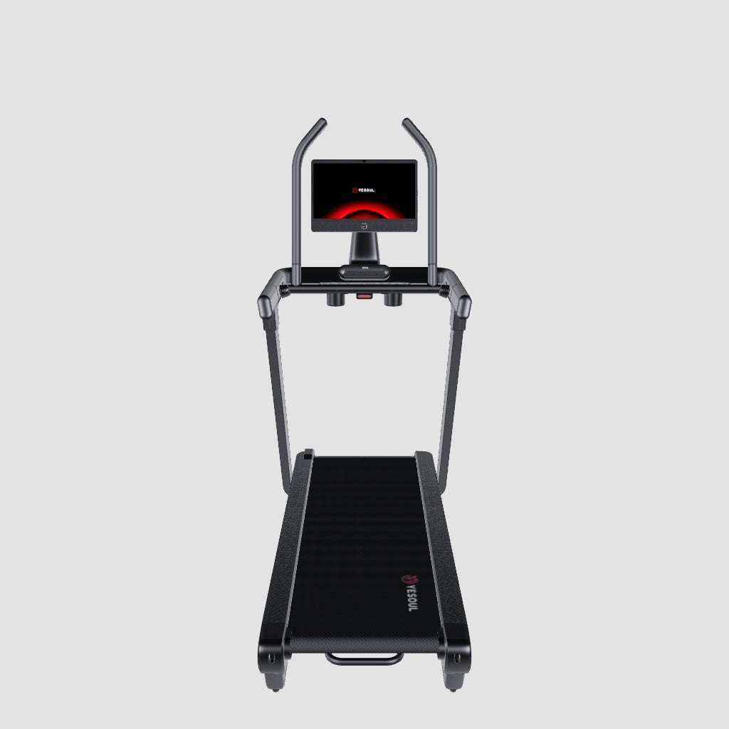 YESOUL T5 Ultra treadmill full view featuring a black treadmill design with red accents, 21.5" swivel touchscreen, wide running belt, and premium home fitness equipment design.