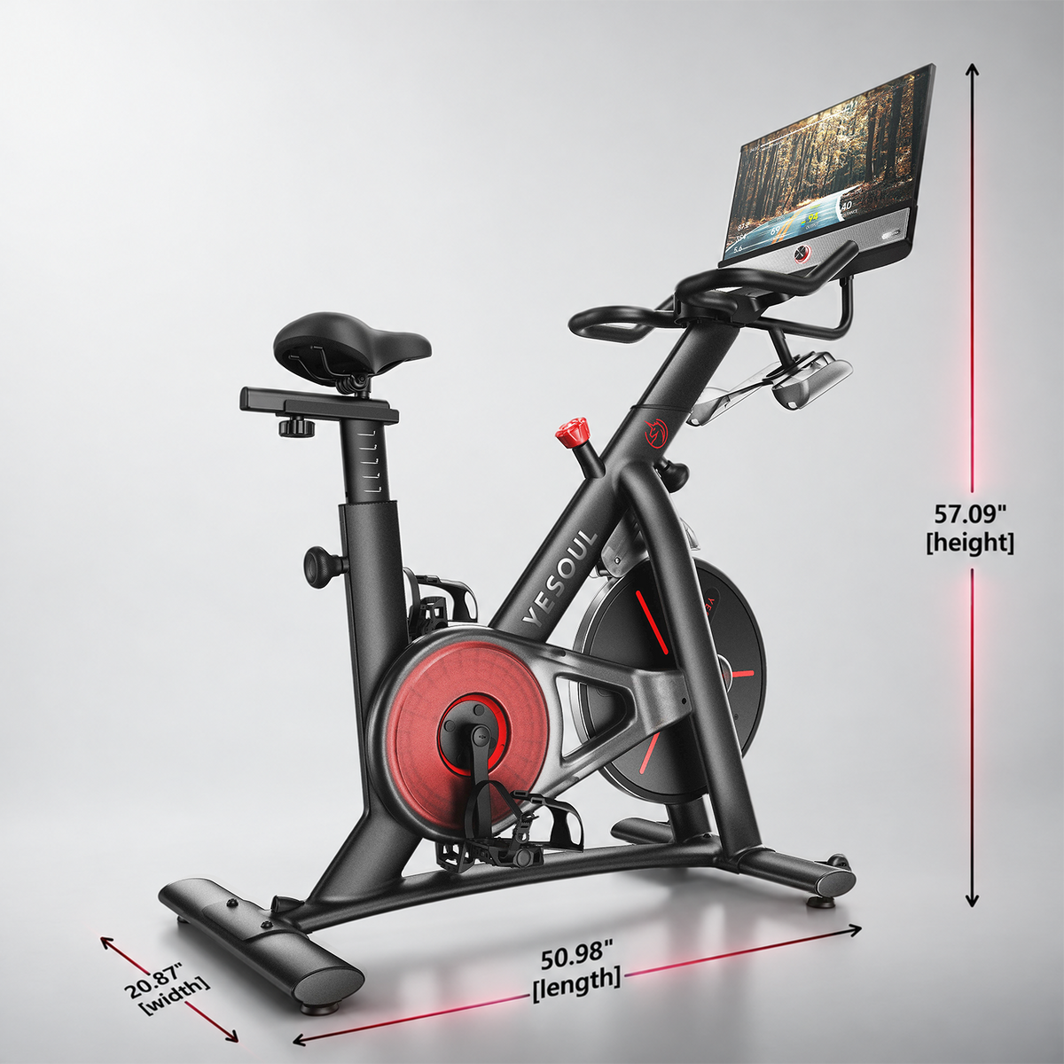 YESOUL G1M Plus bike dimensions: 50.98 in long, 20.87 in wide and 57.09 in high (1295 × 530 × 1450 mm).