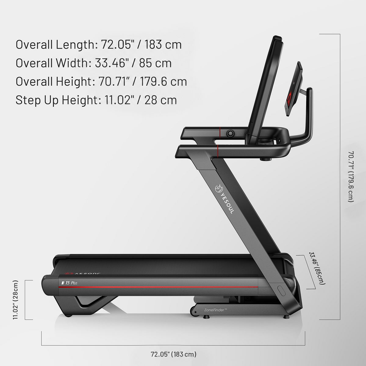 YESOUL T5 Plus dimensions: 72.05 × 33.46 × 70.71 in (183 × 85 × 179.6 cm); step-up height 11.02 in (28 cm).