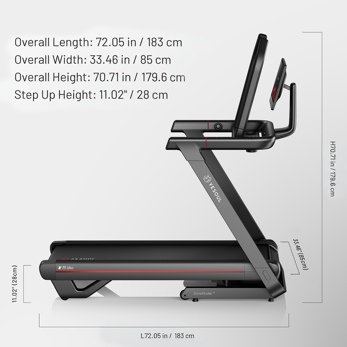 YESOUL T5 Ultra dimensions: 72.05 × 33.46 × 70.71 in (183 × 85 × 179.6 cm); step-up height 11.02 in (28 cm).